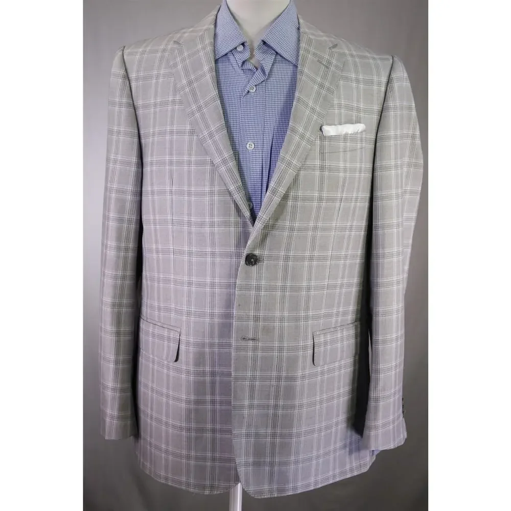 Valentino Current Gray Blue Windowpane Plaid Wool Silk 2Btn Sportcoat Blazer 42R
